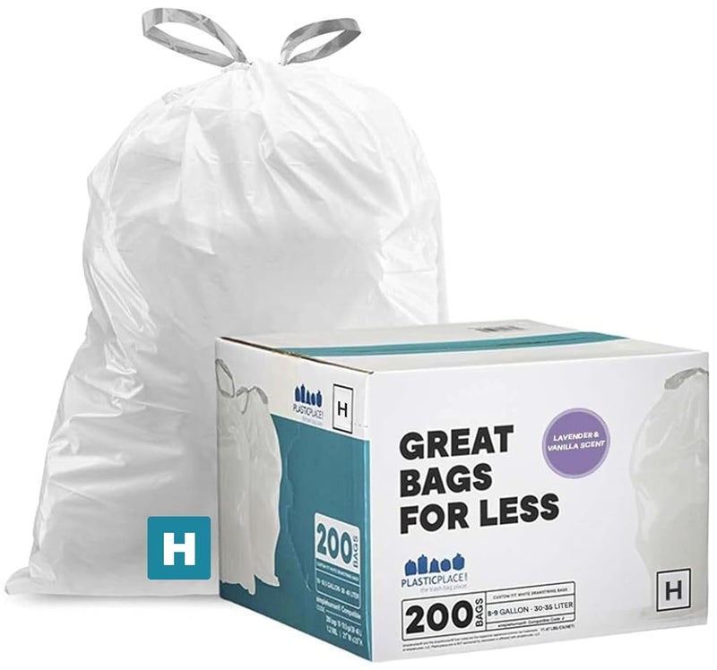 Plasticplace White Drawstring Lavender and Soft Vanilla Scented Garbage Can Liners, Compatible with Code H (200 Count), 8-9 Gallon / 30-35 Liter, 18.5" x 28 - Image 1